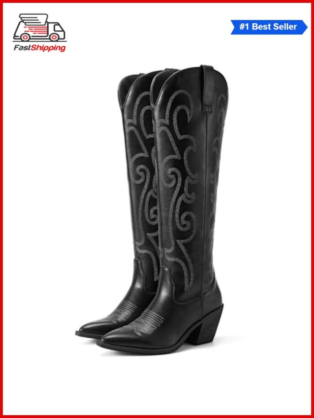 ✨ Rollda Knee-High Cowboy Boots Pointed Toe Block Heel Pull Tabs Western